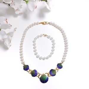 Vintage Cloisonné and Pearl Necklace Bracelet Set